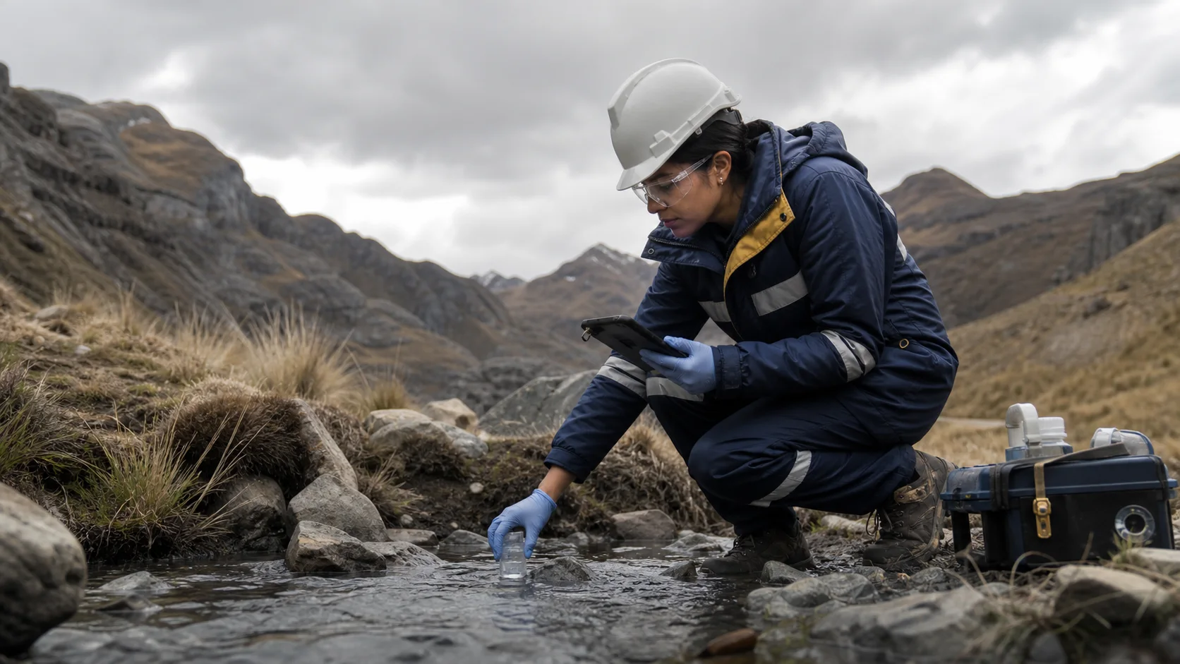Especialista realizando monitoreo de agua en un entorno altoandino